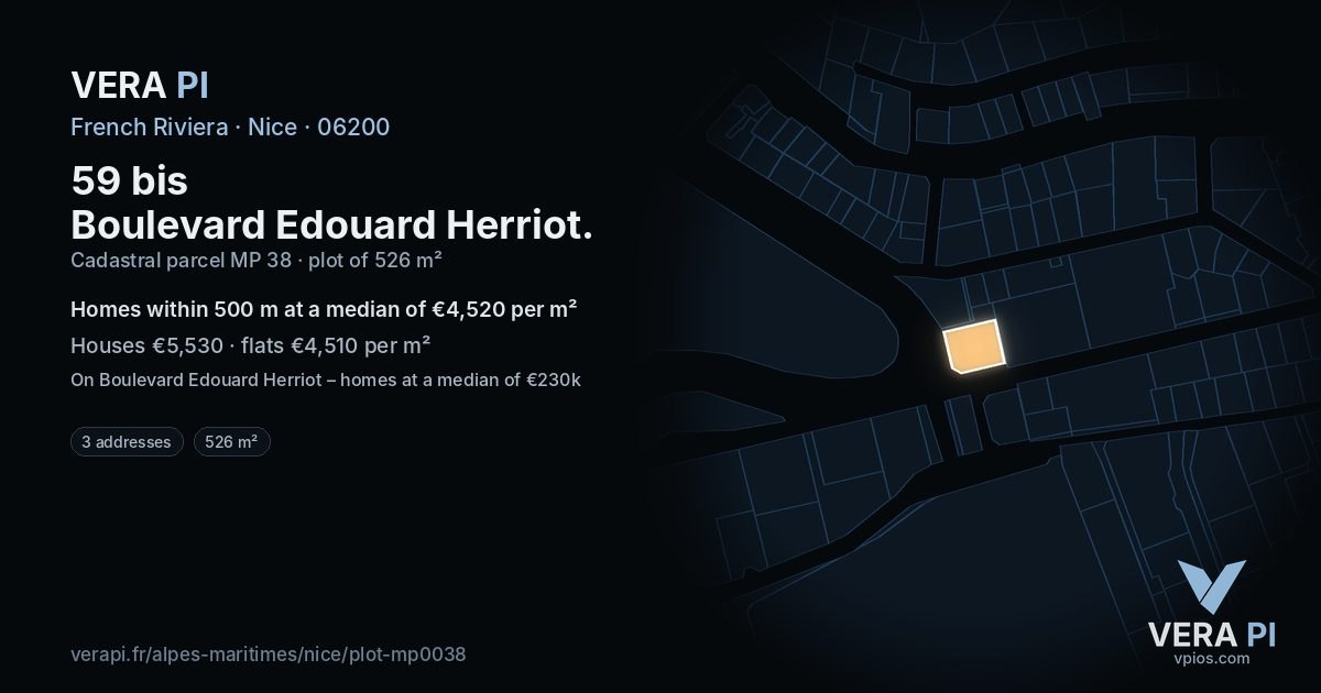59 bis Boulevard Edouard Herriot, Nice at night – the plot lit, the parcels around coloured by the prices near them