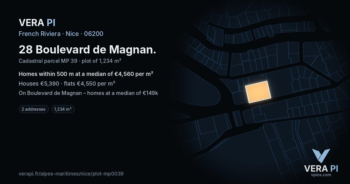 28 Boulevard de Magnan, Nice at night – the plot lit, the parcels around coloured by the prices near them