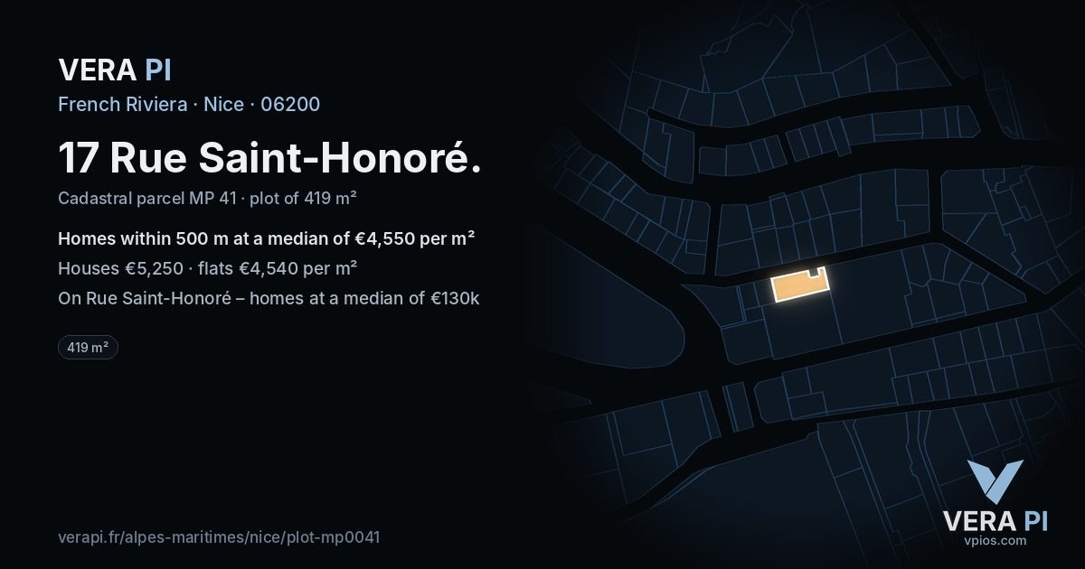17 Rue Saint-Honoré, Nice at night – the plot lit, the parcels around coloured by the prices near them