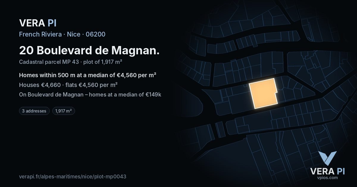20 Boulevard de Magnan, Nice at night – the plot lit, the parcels around coloured by the prices near them