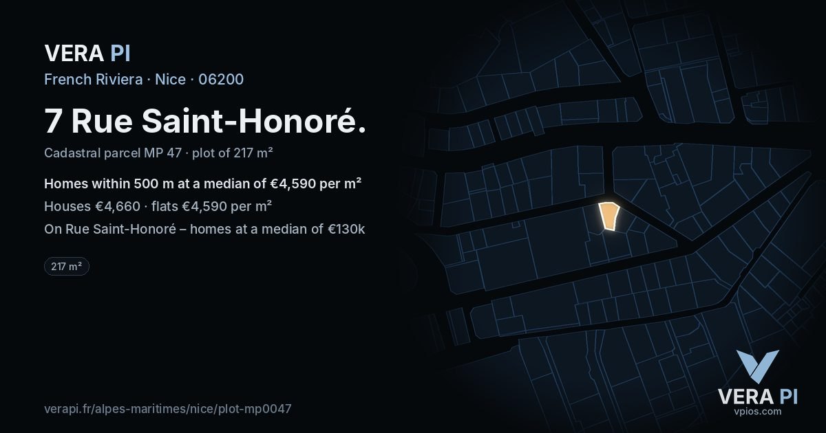 7 Rue Saint-Honoré, Nice at night – the plot lit, the parcels around coloured by the prices near them