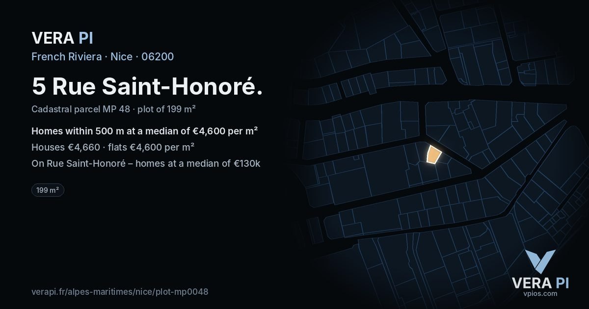 5 Rue Saint-Honoré, Nice at night – the plot lit, the parcels around coloured by the prices near them