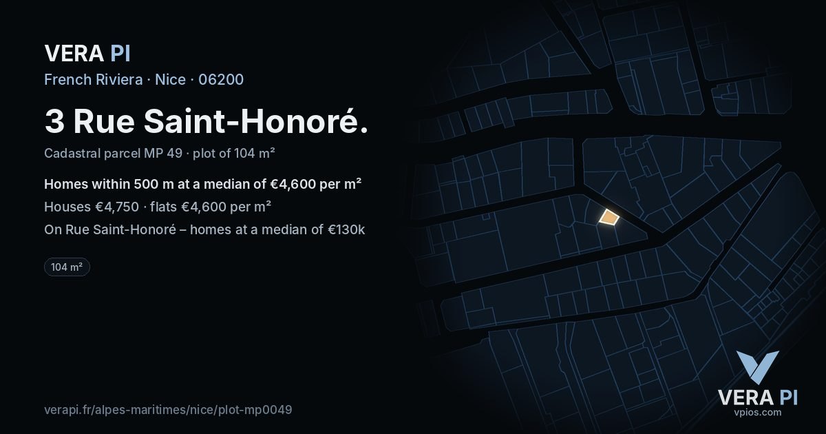 3 Rue Saint-Honoré, Nice at night – the plot lit, the parcels around coloured by the prices near them