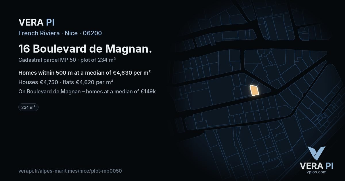 16 Boulevard de Magnan, Nice at night – the plot lit, the parcels around coloured by the prices near them