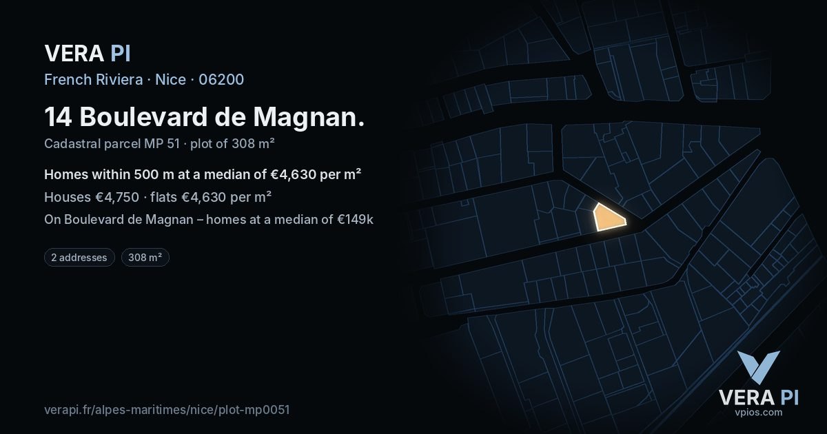 14 Boulevard de Magnan, Nice at night – the plot lit, the parcels around coloured by the prices near them