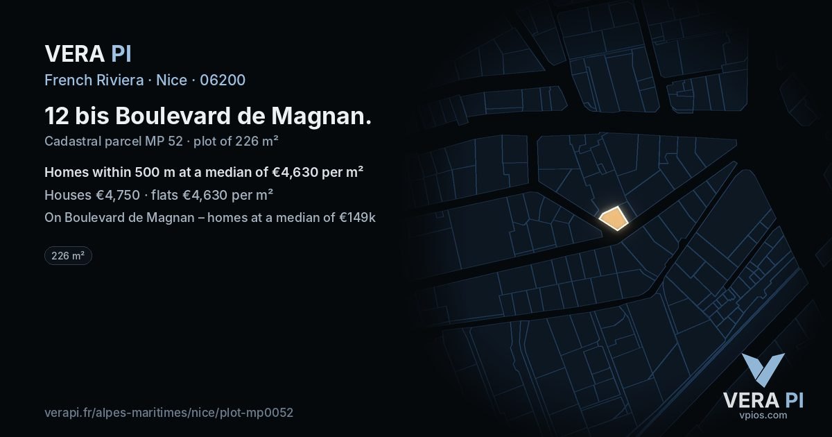 12 bis Boulevard de Magnan, Nice at night – the plot lit, the parcels around coloured by the prices near them