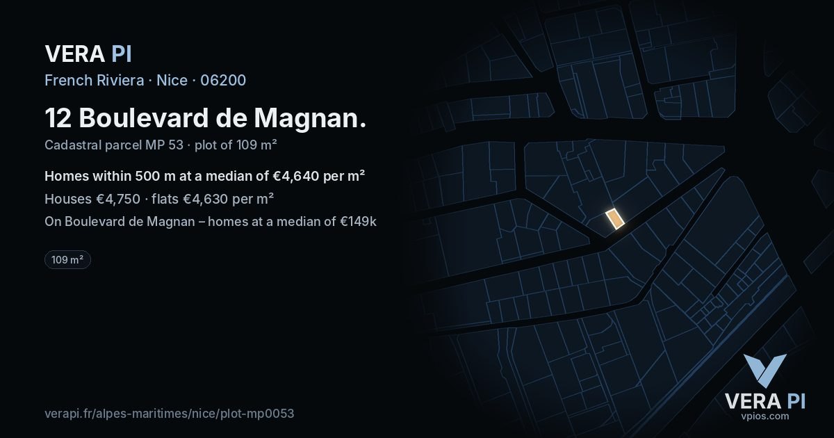 12 Boulevard de Magnan, Nice at night – the plot lit, the parcels around coloured by the prices near them