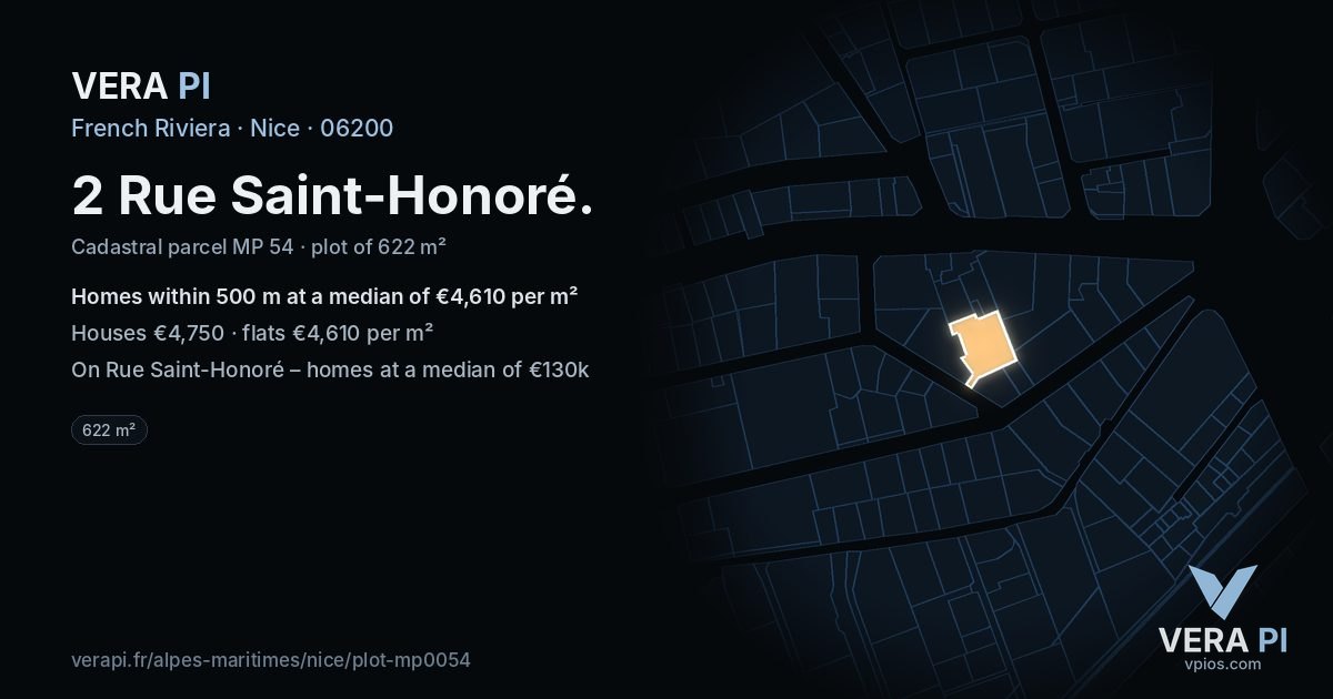 2 Rue Saint-Honoré, Nice at night – the plot lit, the parcels around coloured by the prices near them