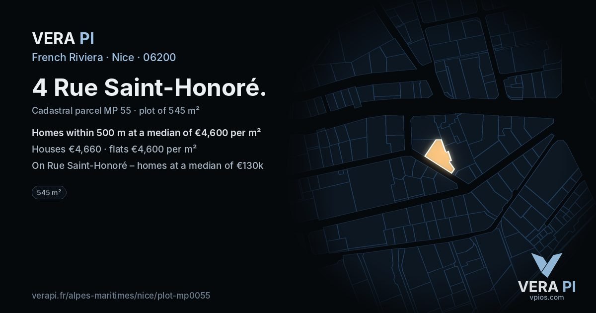 4 Rue Saint-Honoré, Nice at night – the plot lit, the parcels around coloured by the prices near them