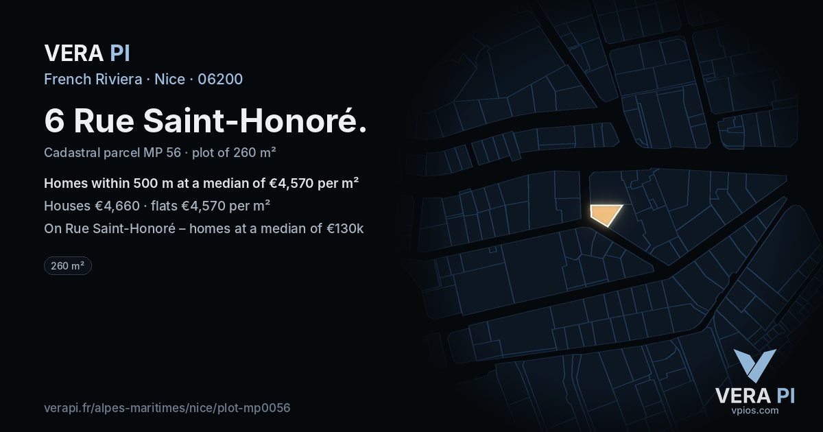 6 Rue Saint-Honoré, Nice at night – the plot lit, the parcels around coloured by the prices near them