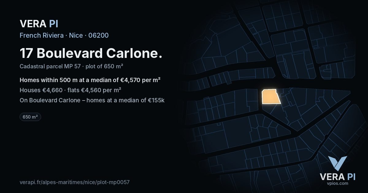 17 Boulevard Carlone, Nice at night – the plot lit, the parcels around coloured by the prices near them