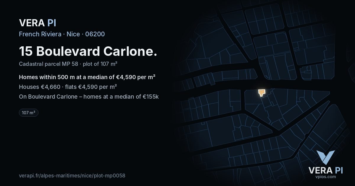 15 Boulevard Carlone, Nice at night – the plot lit, the parcels around coloured by the prices near them