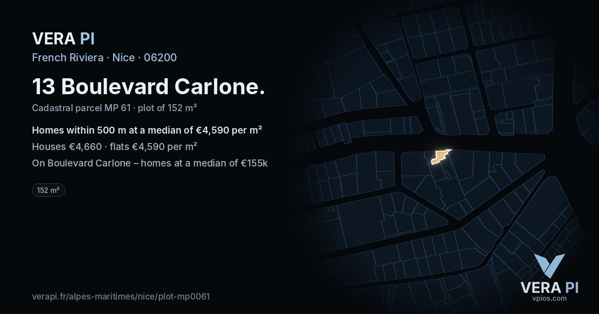 13 Boulevard Carlone, Nice at night – the plot lit, the parcels around coloured by the prices near them