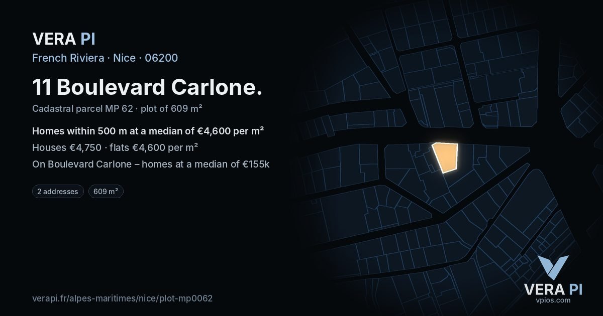 11 Boulevard Carlone, Nice at night – the plot lit, the parcels around coloured by the prices near them