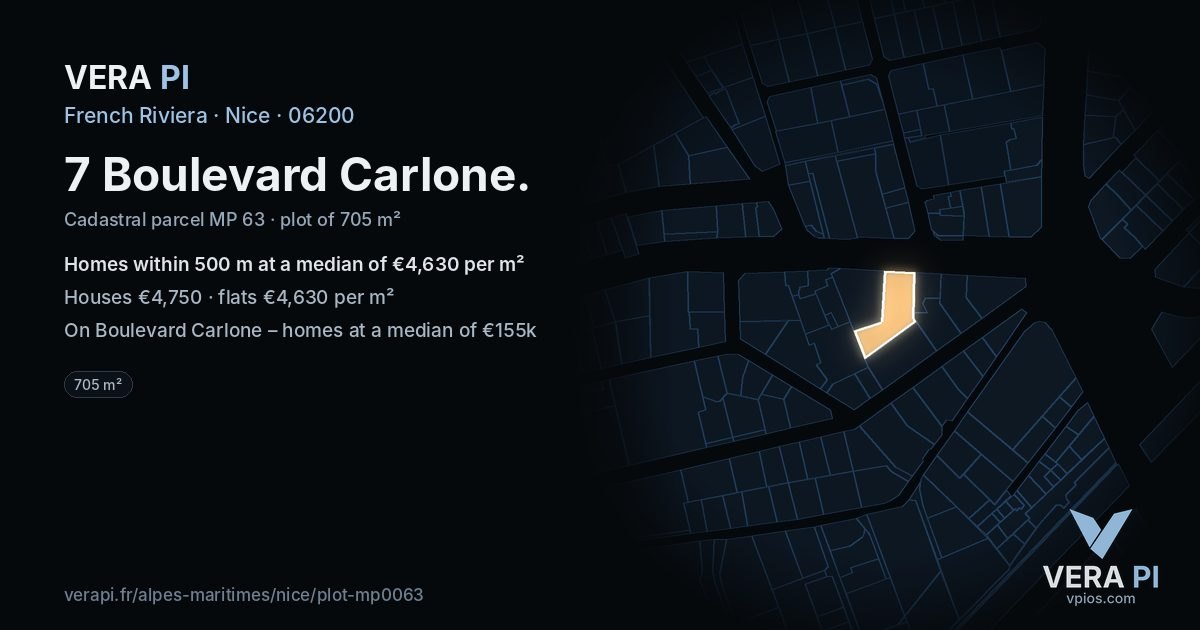 7 Boulevard Carlone, Nice at night – the plot lit, the parcels around coloured by the prices near them