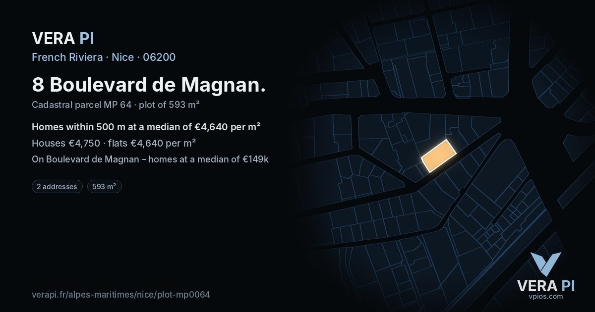 8 Boulevard de Magnan, Nice at night – the plot lit, the parcels around coloured by the prices near them