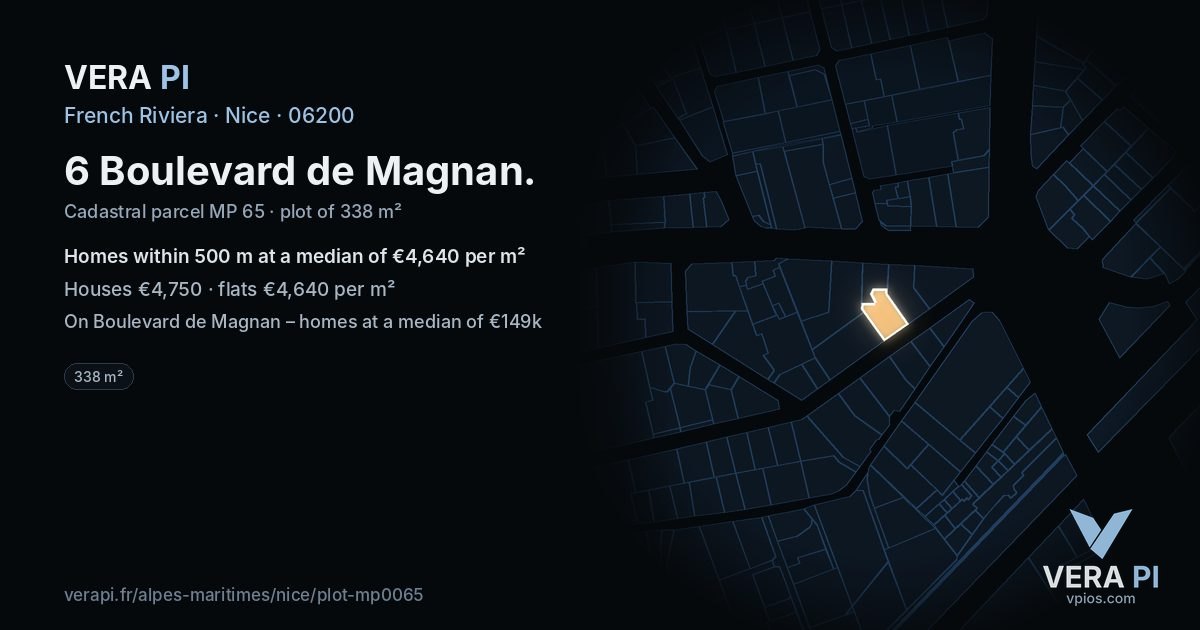 6 Boulevard de Magnan, Nice at night – the plot lit, the parcels around coloured by the prices near them