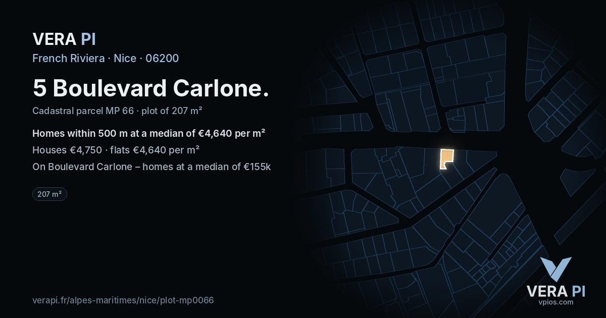 5 Boulevard Carlone, Nice at night – the plot lit, the parcels around coloured by the prices near them