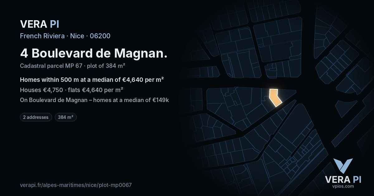 4 Boulevard de Magnan, Nice at night – the plot lit, the parcels around coloured by the prices near them