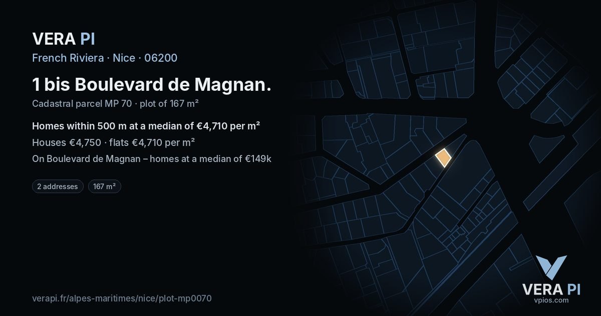 1 bis Boulevard de Magnan, Nice at night – the plot lit, the parcels around coloured by the prices near them