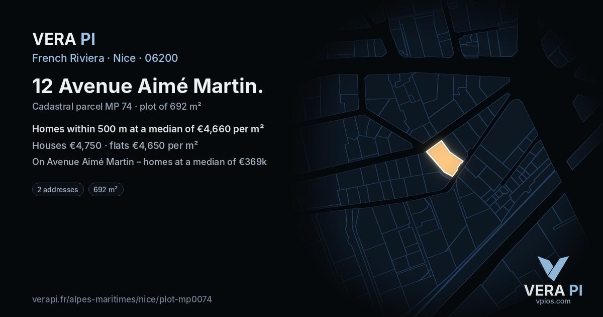 12 Avenue Aimé Martin, Nice at night – the plot lit, the parcels around coloured by the prices near them