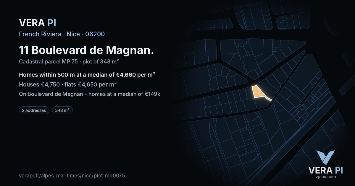 11 Boulevard de Magnan, Nice at night – the plot lit, the parcels around coloured by the prices near them