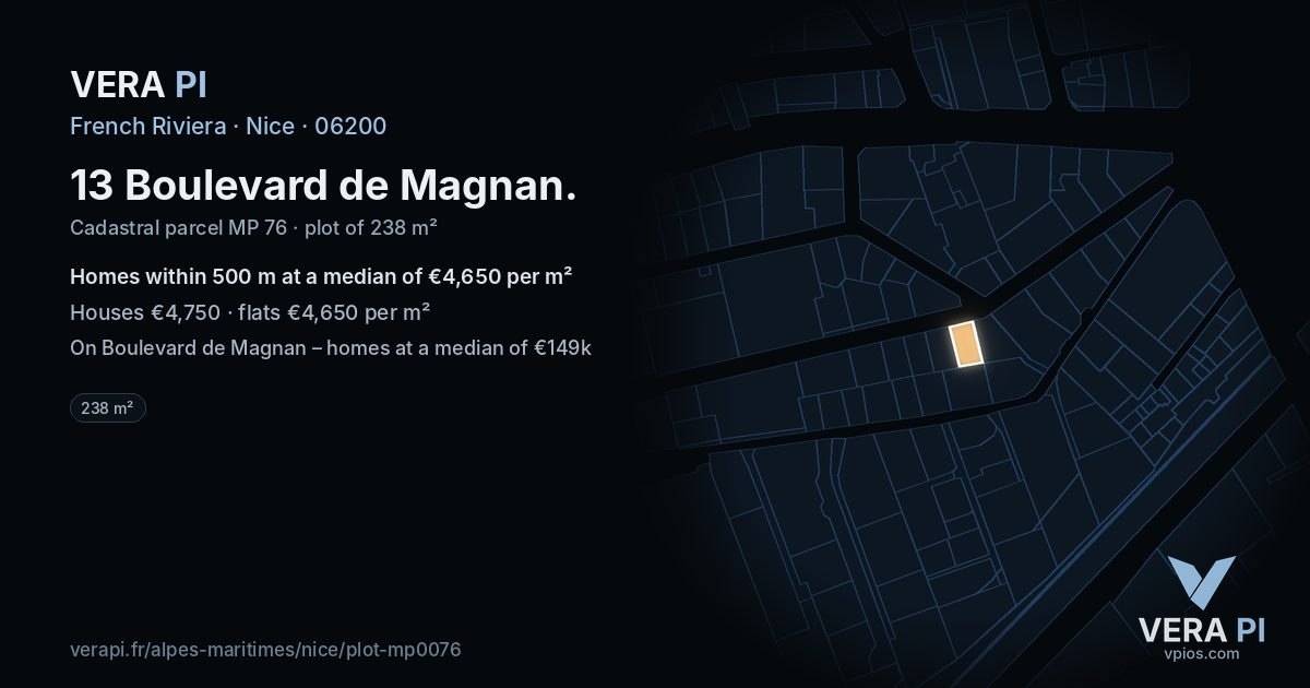 13 Boulevard de Magnan, Nice at night – the plot lit, the parcels around coloured by the prices near them