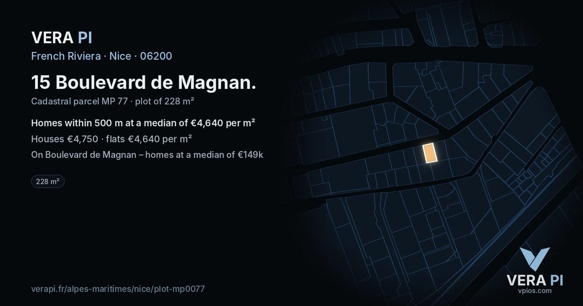 15 Boulevard de Magnan, Nice at night – the plot lit, the parcels around coloured by the prices near them