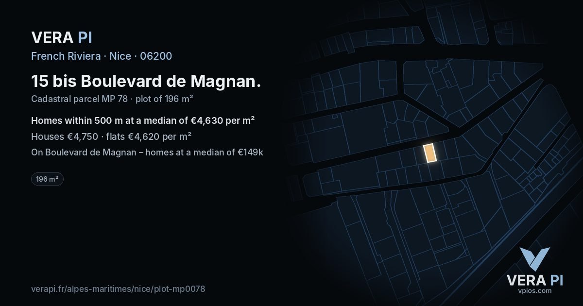 15 bis Boulevard de Magnan, Nice at night – the plot lit, the parcels around coloured by the prices near them
