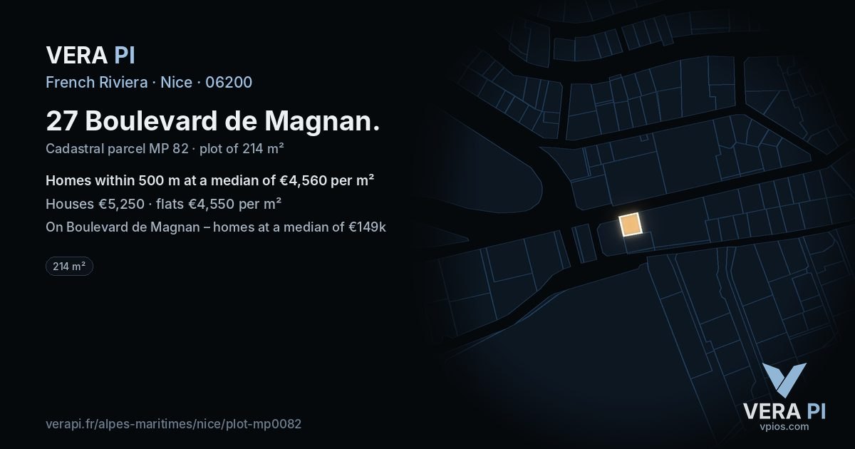 27 Boulevard de Magnan, Nice at night – the plot lit, the parcels around coloured by the prices near them