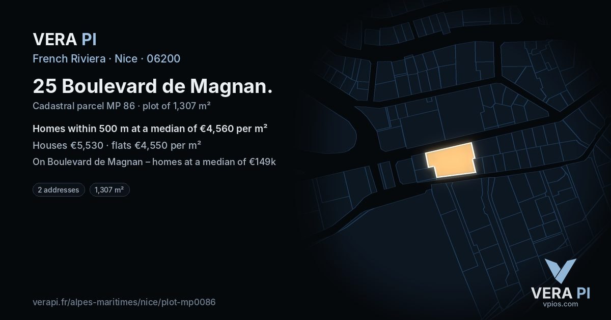 25 Boulevard de Magnan, Nice at night – the plot lit, the parcels around coloured by the prices near them