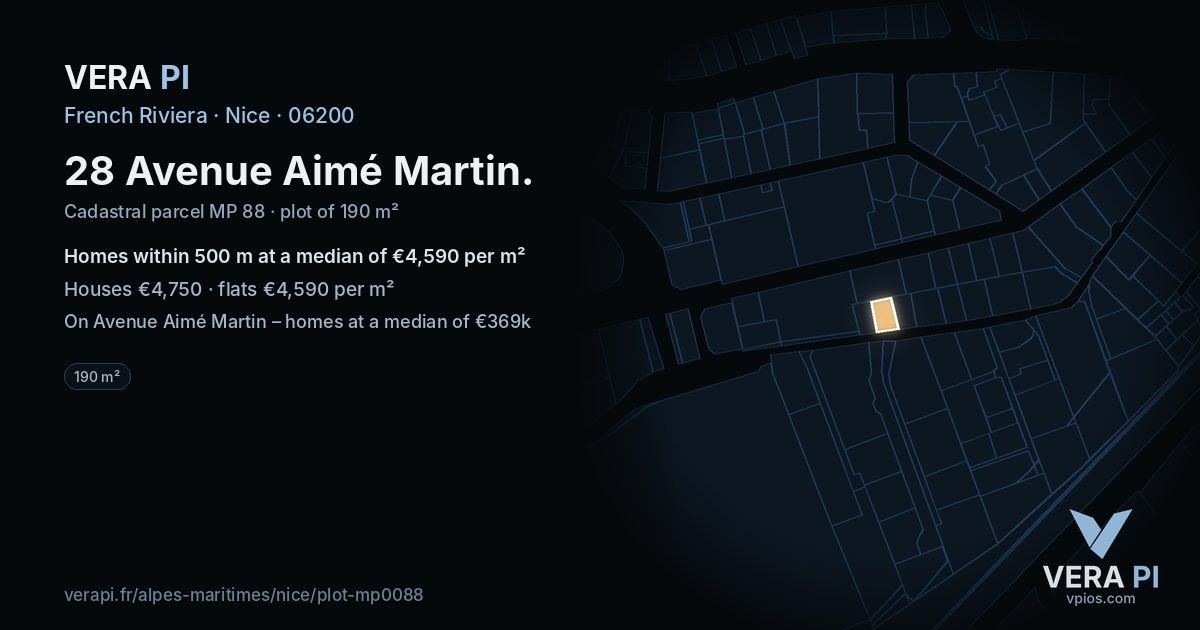 28 Avenue Aimé Martin, Nice at night – the plot lit, the parcels around coloured by the prices near them