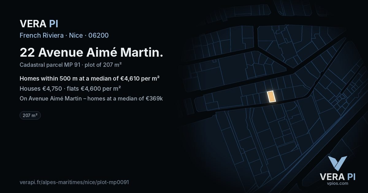 22 Avenue Aimé Martin, Nice at night – the plot lit, the parcels around coloured by the prices near them