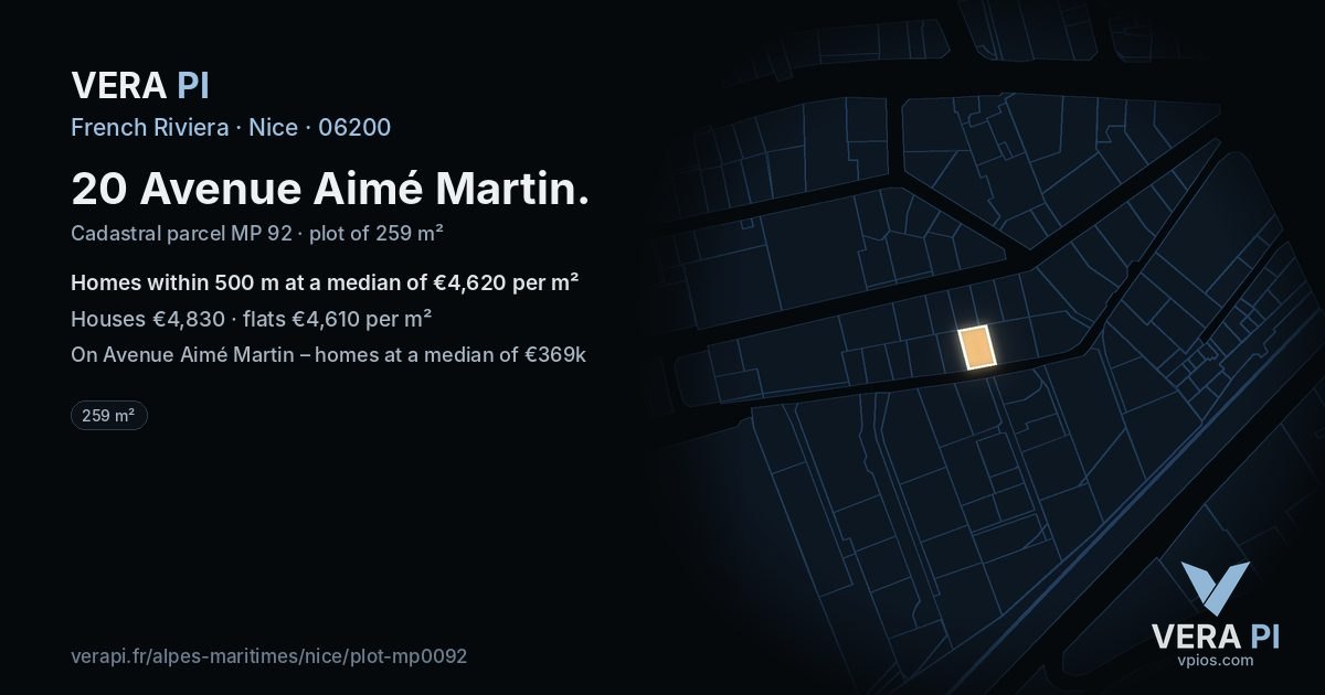 20 Avenue Aimé Martin, Nice at night – the plot lit, the parcels around coloured by the prices near them