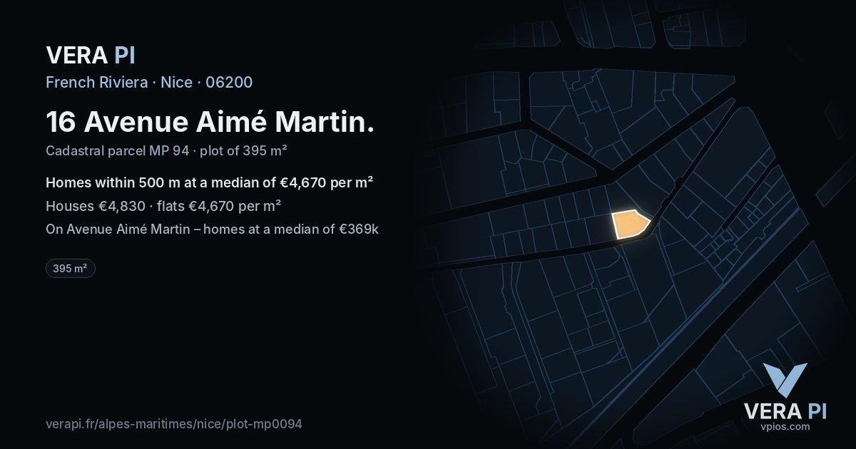 16 Avenue Aimé Martin, Nice at night – the plot lit, the parcels around coloured by the prices near them
