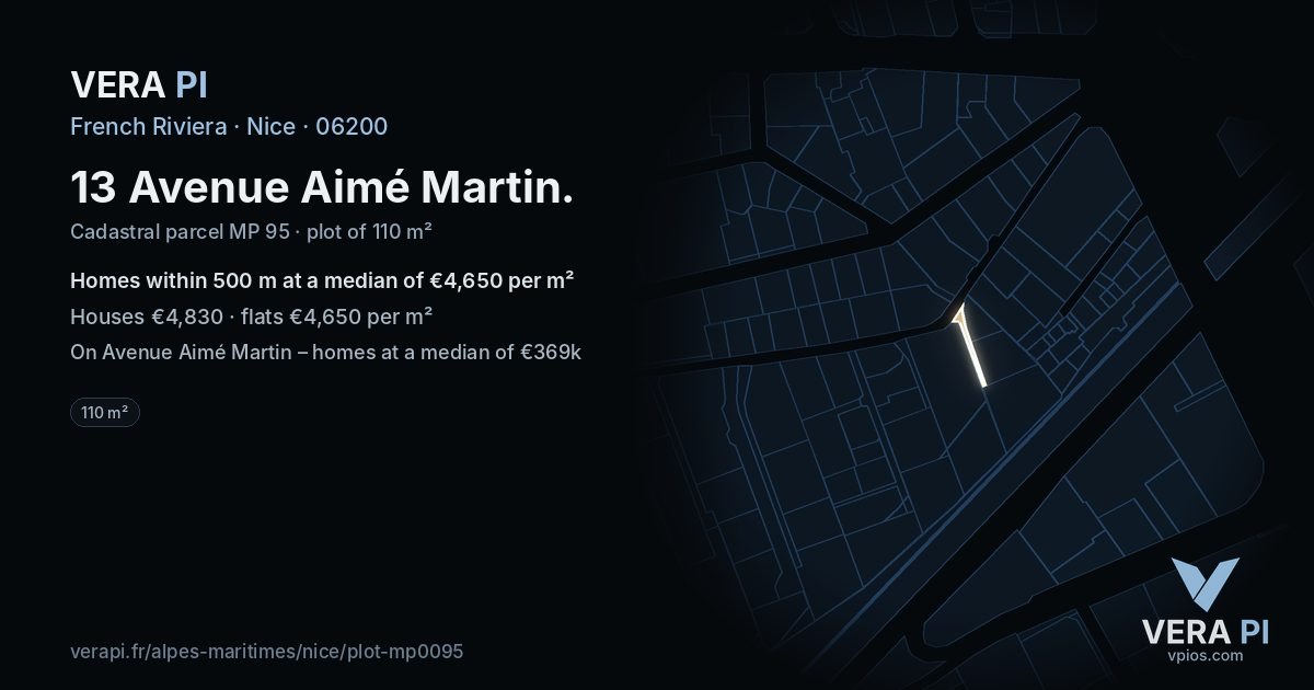 13 Avenue Aimé Martin, Nice at night – the plot lit, the parcels around coloured by the prices near them