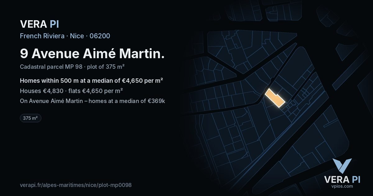 9 Avenue Aimé Martin, Nice at night – the plot lit, the parcels around coloured by the prices near them