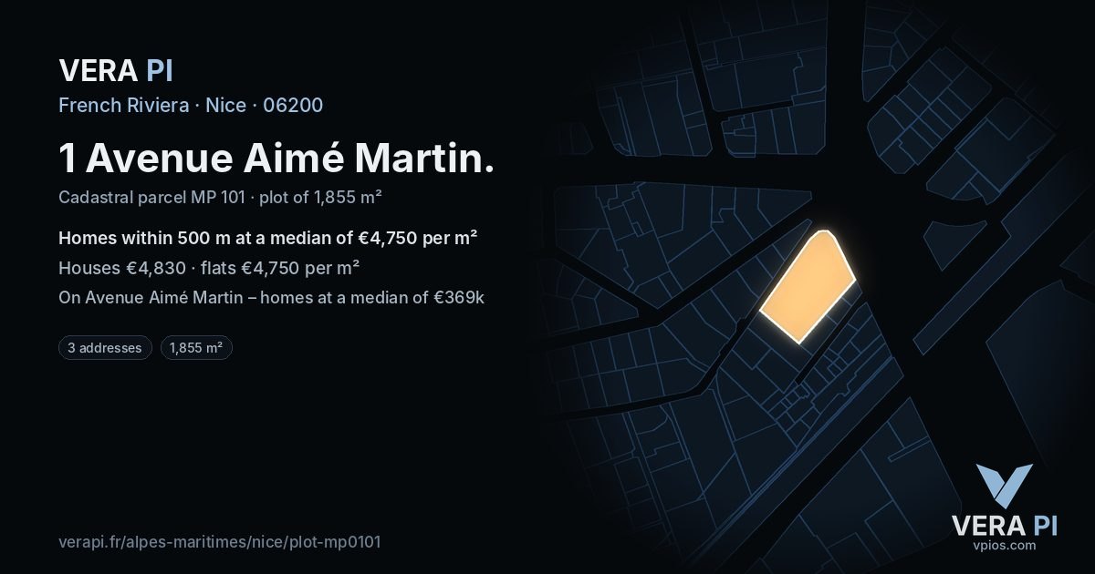 1 Avenue Aimé Martin, Nice at night – the plot lit, the parcels around coloured by the prices near them