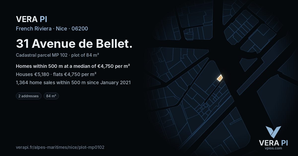 31 Avenue de Bellet, Nice at night – the plot lit, the parcels around coloured by the prices near them