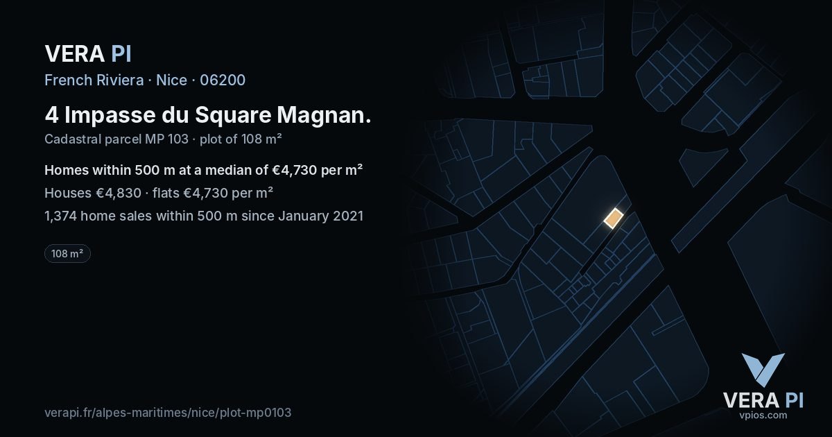 4 Impasse du Square Magnan, Nice at night – the plot lit, the parcels around coloured by the prices near them