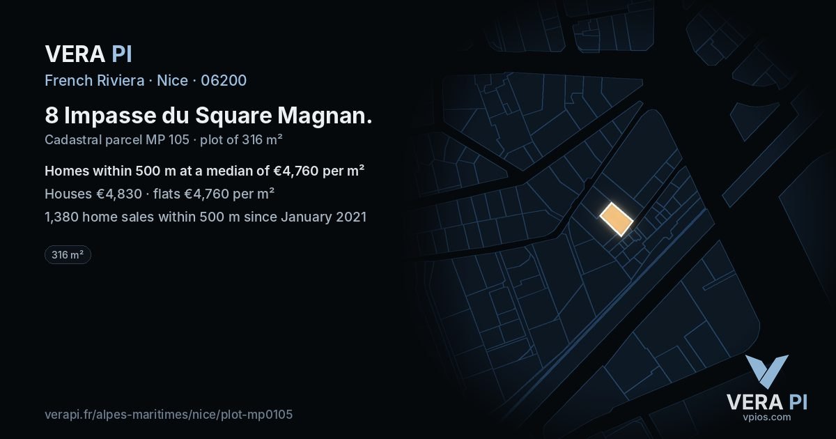 8 Impasse du Square Magnan, Nice at night – the plot lit, the parcels around coloured by the prices near them
