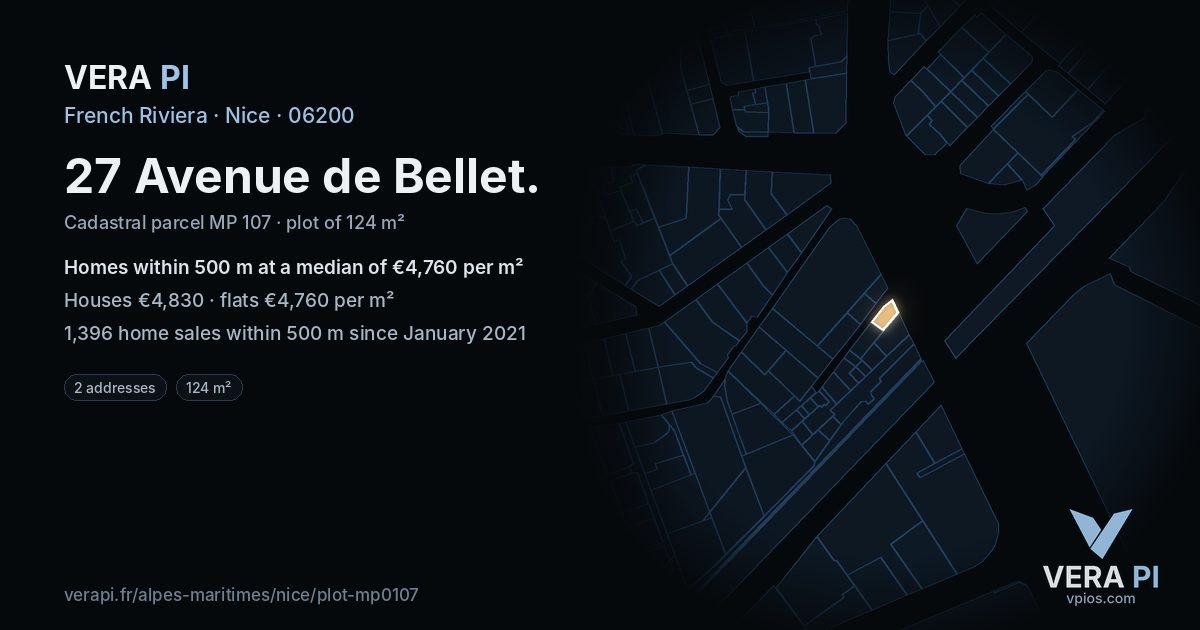 27 Avenue de Bellet, Nice at night – the plot lit, the parcels around coloured by the prices near them