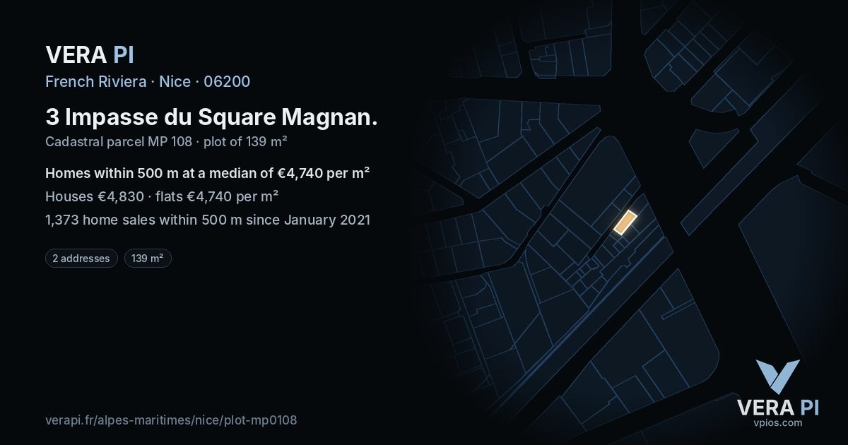 3 Impasse du Square Magnan, Nice at night – the plot lit, the parcels around coloured by the prices near them