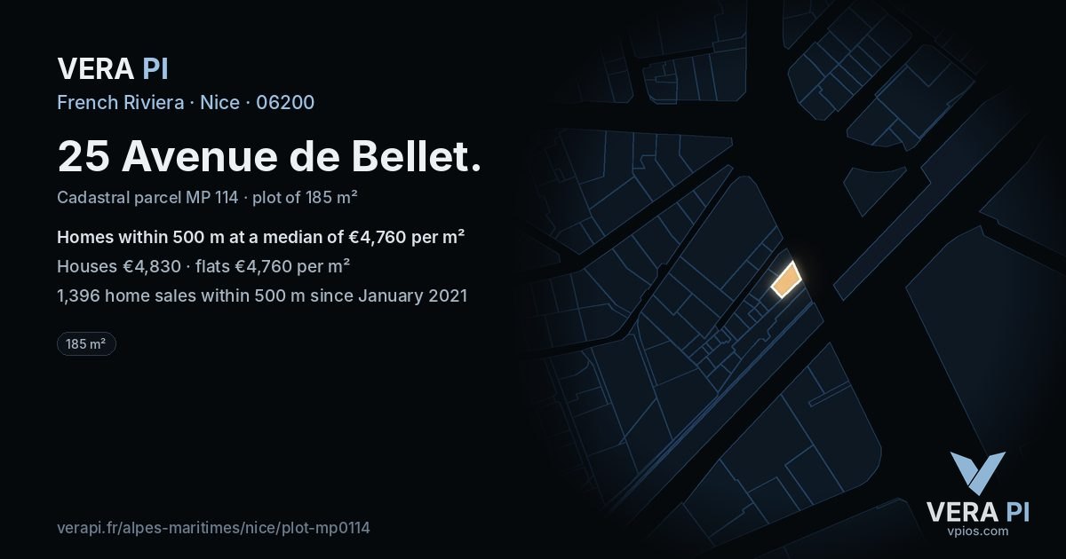 25 Avenue de Bellet, Nice at night – the plot lit, the parcels around coloured by the prices near them