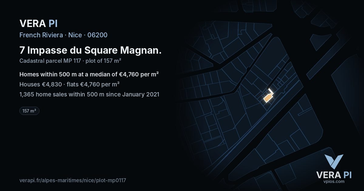 7 Impasse du Square Magnan, Nice at night – the plot lit, the parcels around coloured by the prices near them