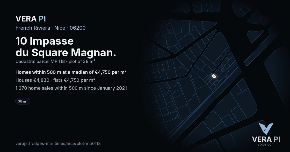 10 Impasse du Square Magnan, Nice at night – the plot lit, the parcels around coloured by the prices near them