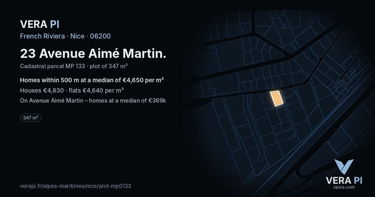 23 Avenue Aimé Martin, Nice at night – the plot lit, the parcels around coloured by the prices near them
