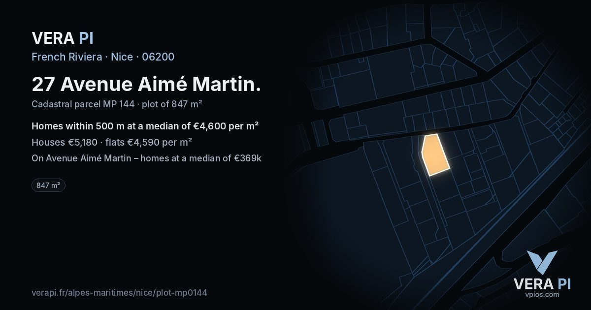 27 Avenue Aimé Martin, Nice at night – the plot lit, the parcels around coloured by the prices near them
