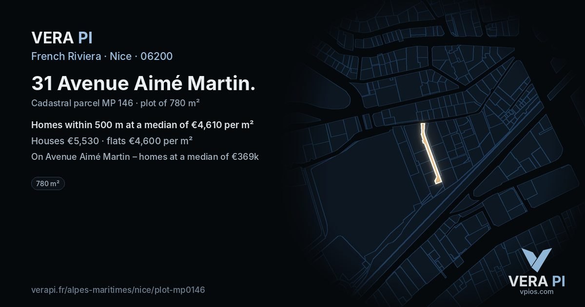 31 Avenue Aimé Martin, Nice at night – the plot lit, the parcels around coloured by the prices near them