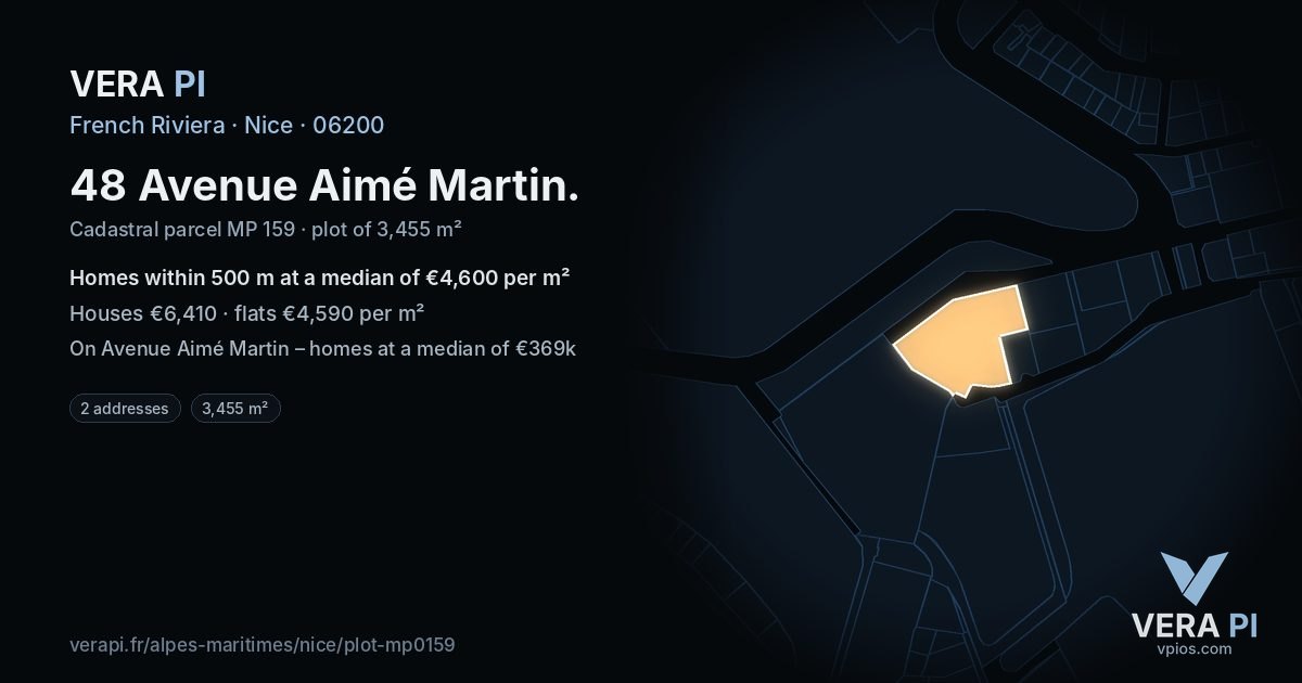 48 Avenue Aimé Martin, Nice at night – the plot lit, the parcels around coloured by the prices near them